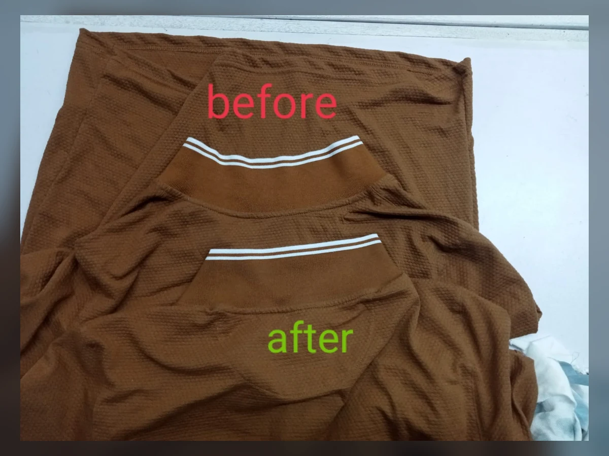 Brown garment collar repair before and after